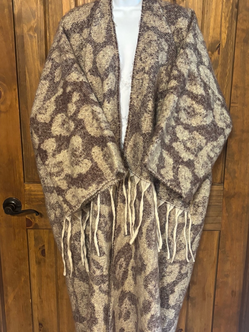 Leopard Print Long Fringed Cardigan Wrap Kimono Boho Blanket Jacket Sweater Cozy